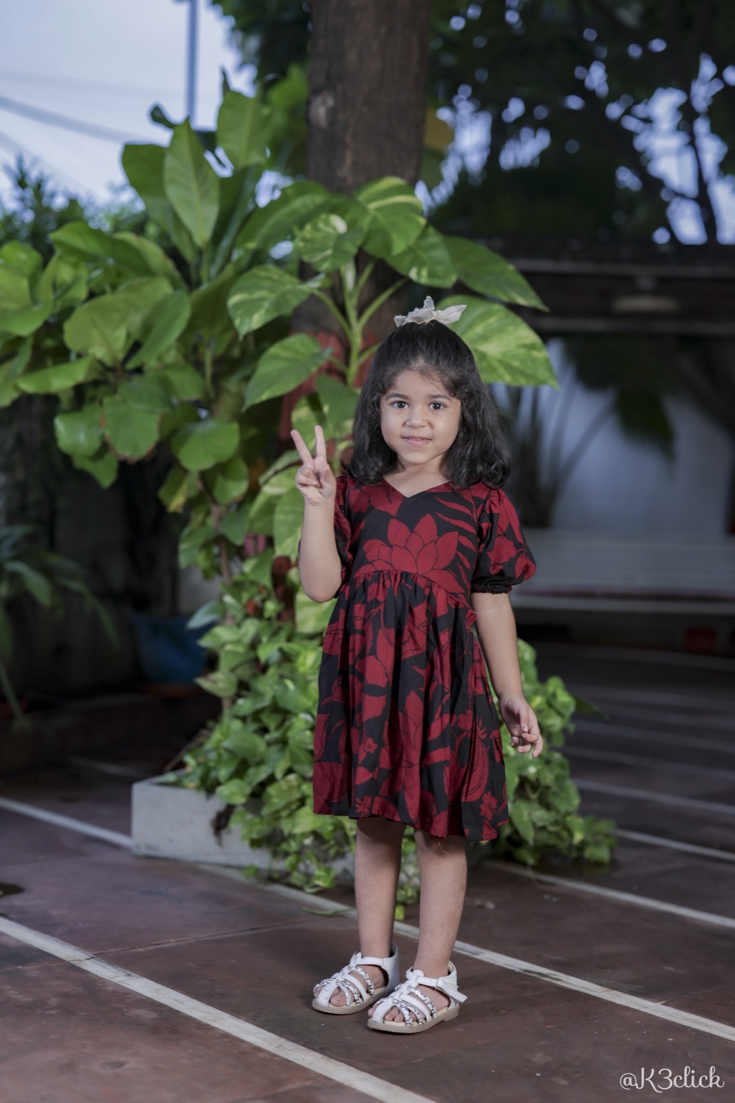 Maroon floral dress with puff sleeves